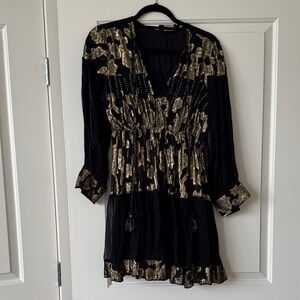 Black and Gold Metallic Mini Dress with Tassel Tie